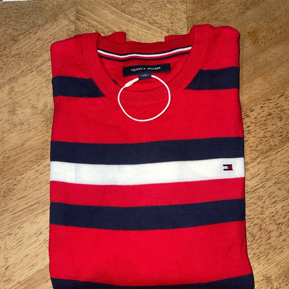 SOLD Tommy Hilfiger Men's Red and Navy Striped Crewneck Sweater